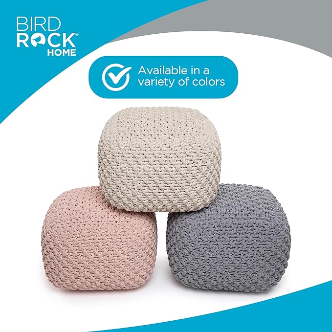 BIRDROCK HOME Square Pouf Ottoman | Cotton Braided Foot Stool with Bean Bag Filling | Boho Foot Rest for Living Room, Bedroom | Compact & Comfortable Seating, Lightweight & Sturdy | Natural-Ruum Studio Home