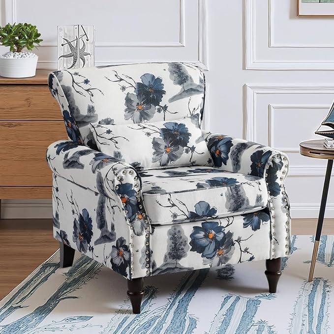 Wingback Accent Chair with Removable Pillow, High Back Floral Armchair with Solid Wood Legs & Nailhead Trim, Comfy Upholstered Reading Single Sofa Chair for Bedroom (1, Ink Blue Pattern)-Ruum Studio Home