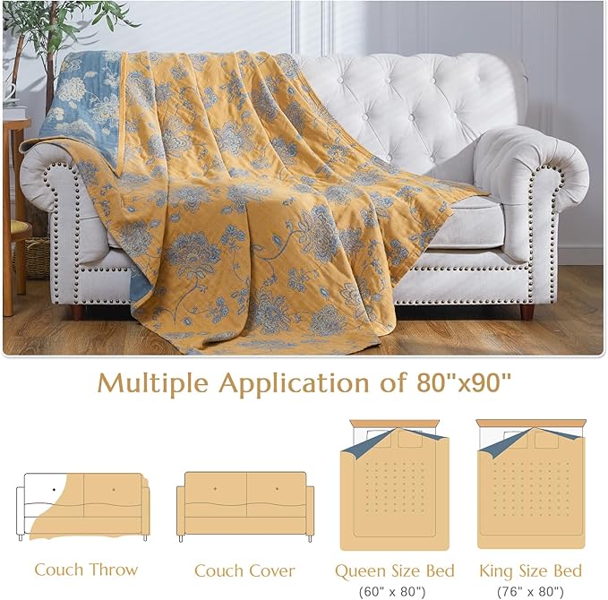 jinchan Boho 100% Cotton Muslin Queen Size 80x90 Inches Blanket Lightweight 4-Layer Quilted Soft Yellow and Blue Floral Throw Blanket Reversible Comfy Flower Rustic All Seasons Couch Bedroom Decor-Ruum Studio Home