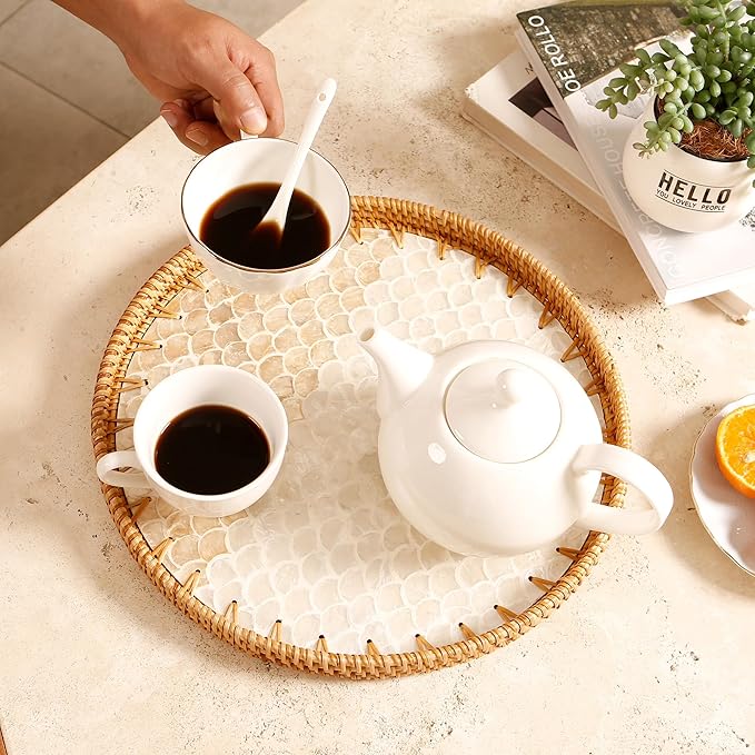 Round Rattan Tray with Mother of Pearl Inlay & Wooden Base - Decorative Wicker Serving Tray for Coffee/Bread/Fruits, Food Storage & Display - Multipurpose Home Decor (M,Fish Scales)-Ruum Studio Home