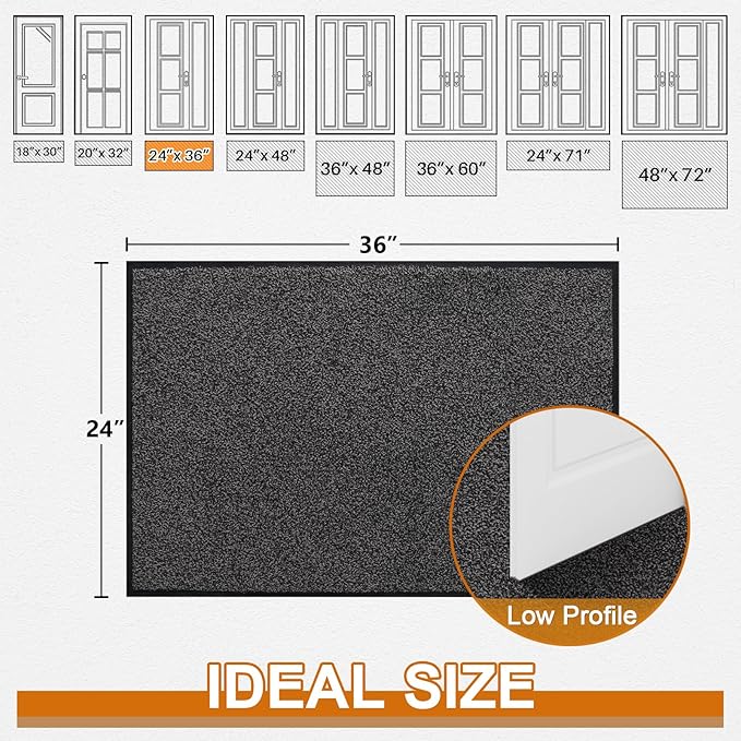 Mibao Front Door Mat, Dirt Trapper Welcome Mat for Outdoor Indoor, Non-Slip Waterproof Doormat, Durable Machine Washable Low Profile Entry Rug for Back Door Outside Patio Porch, 36" x 24", Grey-Ruum Studio Home