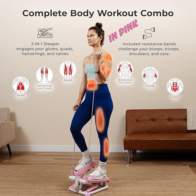 Sunny Health & Fitness Mini Stepper for Exercise at Home, Stair Step Workout Machine with Resistance Band and Over 300lb Weight Capacity, Optional Twist Motion and Free SunnyFit App Connection-Ruum Studio Home