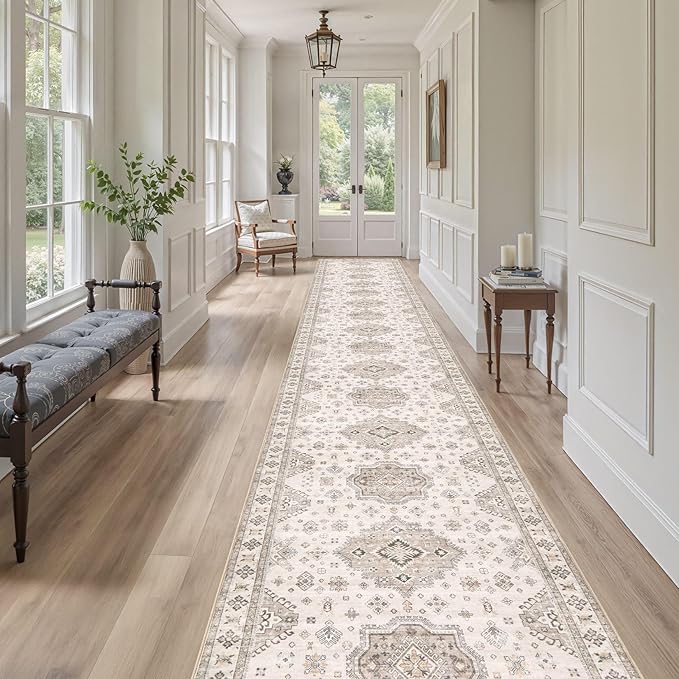 Washable 3x20 Runner Rug - Area Rugs Neutral Vintage Distressed Floral Farmhouse Boho Large Soft Floor Rug Indoor Carpet for Hallway Entryway Home - Beige Brown-Ruum Studio Home