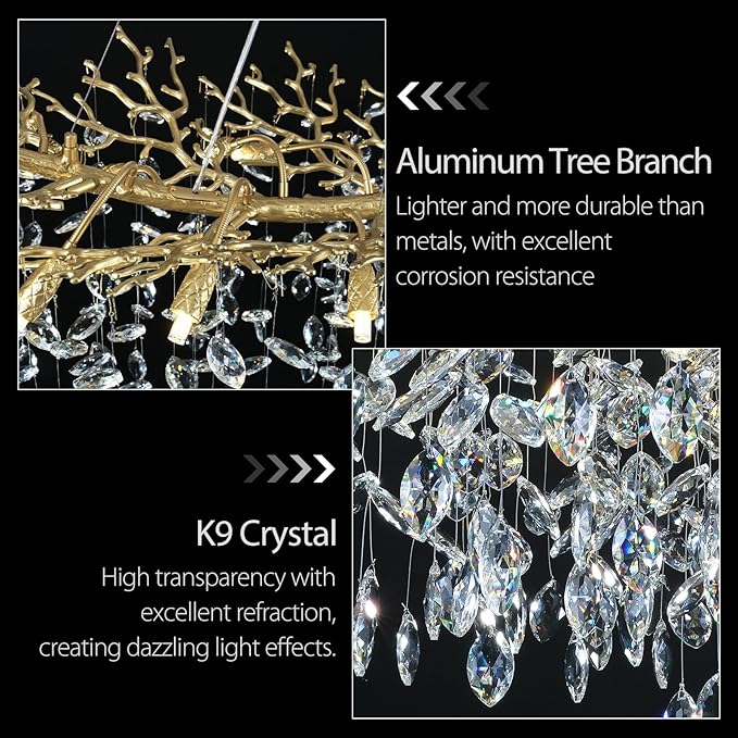 Modern Crystal Gold Chandelier, 36" Large Rectangular Oval Tree Branch Crystal Chandeliers for Dining Room,16-Light Flush Mount K9 Crystal Chandeliers, for Kitchen Island,Dining Room-Ruum Studio Home