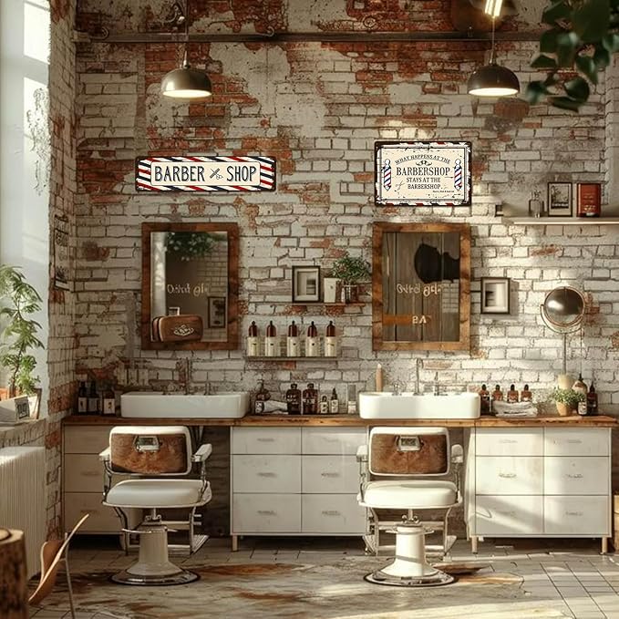 Barber Shop Decor Accessories - Vintage Barbershop Metal Tin Signs Haircut Wall Art Posters Gifts for Men Decorations - What Happens At The Barbershop Stays At The Barbershop Sign 8x12 Inch-Ruum Studio Home