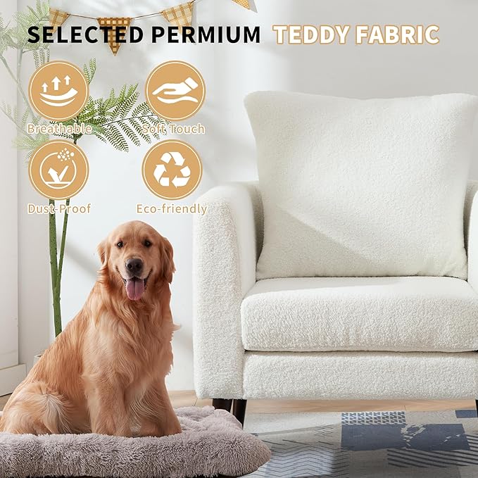 Barrel Accent Chair Set of 2 with Back Pillow, Large Teddy Upholstered Armchair with Solid Wood Legs Modern Reading Chairs for Living Room Bedroom-Ruum Studio Home