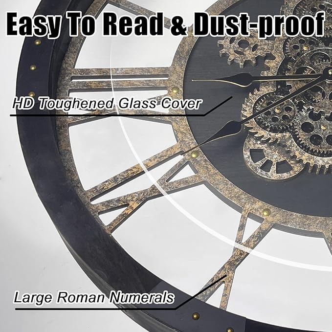 DORBOKER 30" Large Wall Clock Moving Gears,Oversized Industrial Rustic Farmhouse Clocks for Living Room Decor Office Home, Solid Wood Retro Metal HD Tempered Glass Cover,Black and Vintage Bronze-Ruum Studio Home