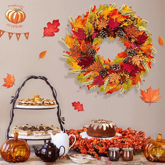 Fall Wreaths for Front Door, 24" Autumn Wreath with Berry Wood Maple Leaves and Pine Cones, Orange Thanksgiving Wreath for Outside Indoor Wall Window Home Festival Decor-Ruum Studio Home