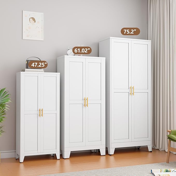 Metal Kitchen Pantry Storage Cabinet with 2 Doors and 3 Adjustable Shelves,Pantry Cabinet with Adjustable Leveling Foot for Kitchen, Living Room, Dining Room（White）-Ruum Studio Home