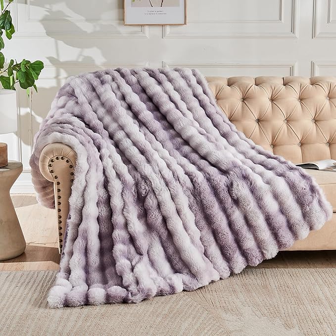 Lotus Karen Faux Fur Throw Blanket Tie-Dye Purple - Big Bubble Rabbit Fluff Blanket for Couch, Large Fluffy Fuzzy Cozy Blanket,Thick Furry Plush Shaggy Blankets,108x90 Inches-Ruum Studio Home