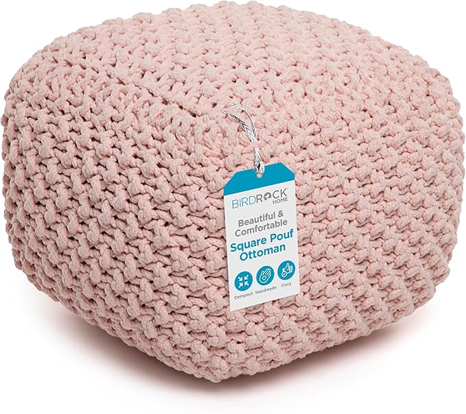 BIRDROCK HOME Square Pouf Ottoman | Cotton Braided Foot Stool with Bean Bag Filling | Boho Foot Rest for Living Room, Bedroom | Compact & Comfortable Seating, Lightweight & Sturdy | Dusty Rose-Ruum Studio Home