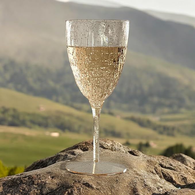 Oojami Elegant Plastic Champagne Flutes - 32 PCS, 7.8oz Disposable & Reusable Wine Glasses - Perfect for Home, Parties, Weddings, Birthdays & Celebrations (32, Gold Glitter)-Ruum Studio Home