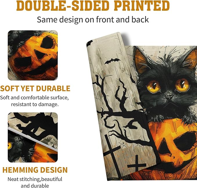 Halloween Black Cat Pumpkin 12x18 Placemats Set of 4 Happy Halloween Bat Branch Linen Table Place Mat Seasonal Fall Washable Heat Resistant Non Slip Table Placemats for Party Kitchen Dining Decor-Ruum Studio Home