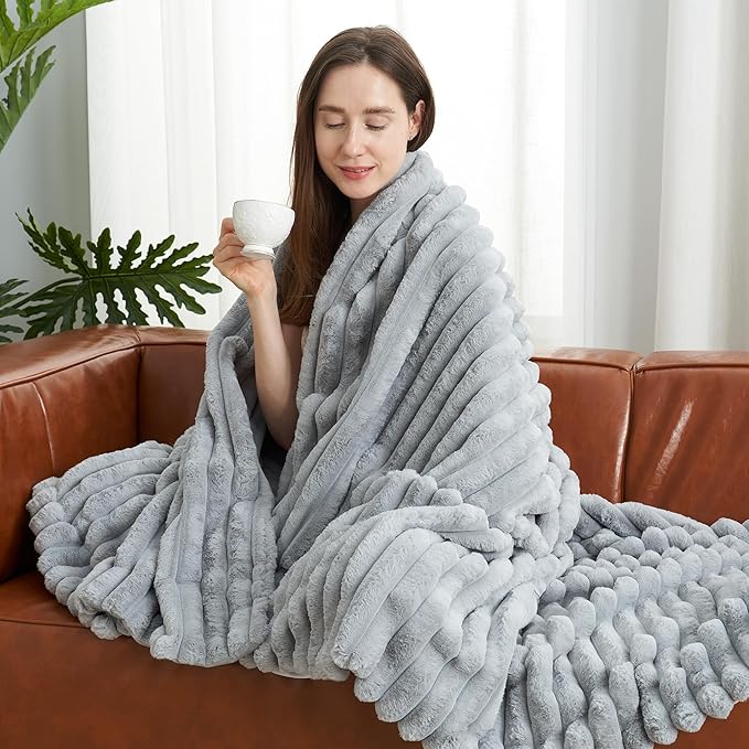 Amélie Home Faux Fur Throw Blanket for Couch, Cozy Fuzzy Fluffy Fur Luxurious Soft Striped Plush Gift Blankets for Family Sofa Chair Bed Living Room Bedroom, 55"x70", Light Grey-Ruum Studio Home