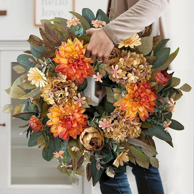 WANNA-CUL 24 Inch Spring Fall Wreaths for Front Door,Fall Wreath with Orange Hydrangea&Peony and Dahlia Flowers-Fall Decoration for Home-Large Fall Decor Door Wreath for Autumn,Harvest-Ruum Studio Home