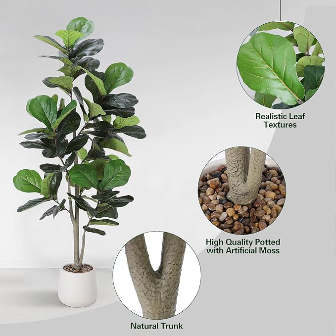 Artificial Fiddle Leaf Tree, 5ft Faux Plant Fake Ficus Lyrata Silk Trees with White Planter, Artificial Fig Trees Floor Plants for House Office Living Room Indoor Home Decor, Housewarming Gift-Ruum Studio Home