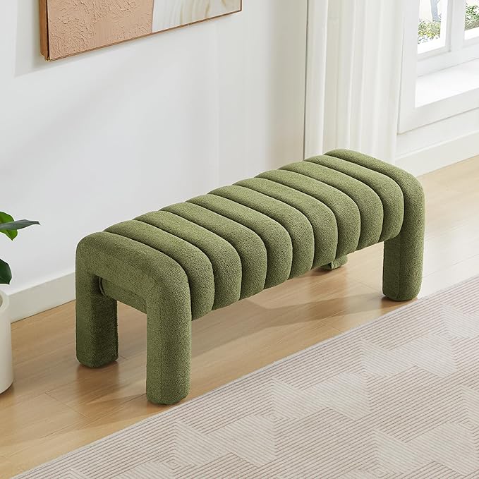 43.3" Bedroom Bench, Upholstered Entryway Bench, Modern End of Bed Ottoman with Solid Wood Legs and Adjustable Foot Pegs for Entryway, Dining Room and Living Room (Green Boucle)-Ruum Studio Home