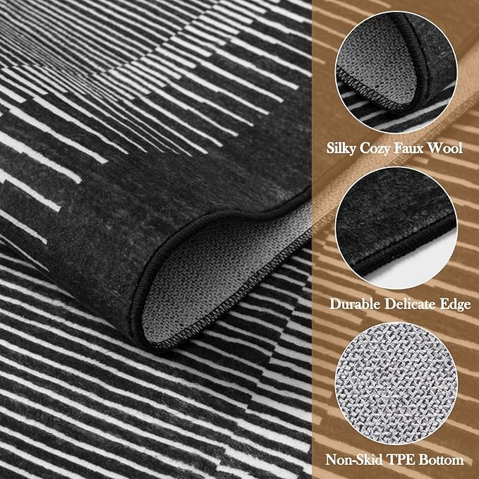 Wonnitar Washable Striped 5x7 Washable Area Rug, Non-Slip Black Berber Stripe Rugs for Living Room, Low Pile Minimalist Floor Carpet Rugs for Bedroom Dining Room Home Office (Black,5' x 7')-Ruum Studio Home
