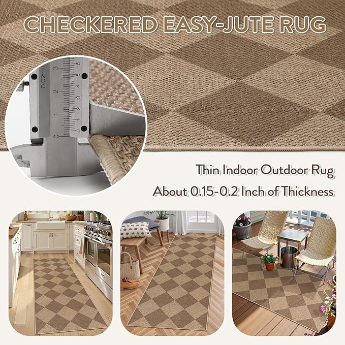 Lahome Checkered Easy Jute Runner Rug, 2x6 Kitchen Mats for Floor Non Slip Washable Entryway Runner, Checkerboard Nature Indoor Outdoor Carpet for Hallway 6ft Entry-Ruum Studio Home