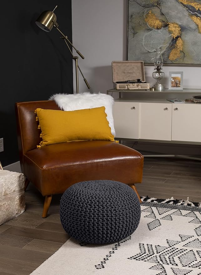 BIRDROCK HOME Round Pouf Ottoman | Cotton Braided Foot Stool with Bean Bag Filling | Boho Foot Rest for Living Room & Bedroom | Compact & Comfortable Seating, Lightweight & Soft | Charcoal-Ruum Studio Home