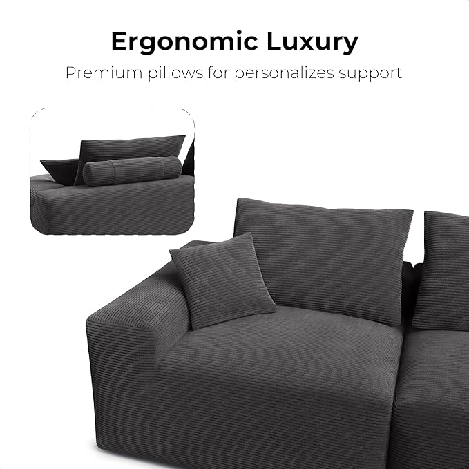 LIKIMIO 120" Modern L-Shaped Modular Sectional Sofa for Living Room, Corduroy Upholstery Dark Grey, Oversized 3-Seater Couch with Deep Seat and Movable Ottoman – No Assembly-Ruum Studio Home