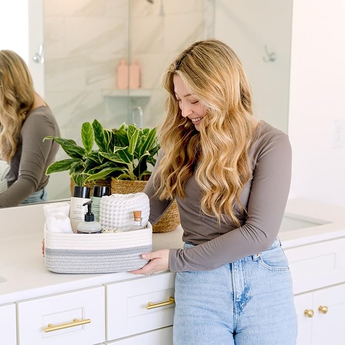 NaturalCozy 11.8"x8"x4.5” Storage Baskets for Shelves 3 Pack | Cotton Rope Woven Small Baskets for Organizing | Small Storage Bins for Nursery, Bathroom, Closet, Cube Shelf, Decorative, Gift Basket-Ruum Studio Home