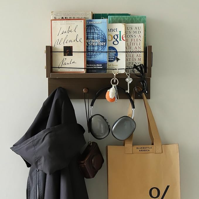 Entrance Coat Rack ，Coat Hooks, Wall-Mounted Wooden Hook Rack, Wall-Mounted Shelves are Very Suitable (Walnut Colored Finish-A)-Ruum Studio Home