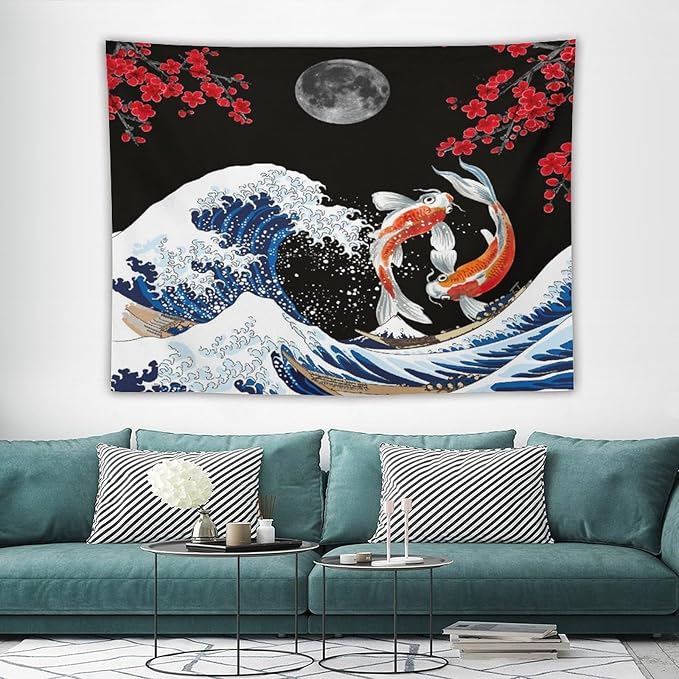 Houselerax Japanese Koi Fish Tapestry, Yin Yang Big Wave Red Cherry Blossom Tapestries Wall Hanging for Bedroom Living Room Office Decor 80"x60"-Ruum Studio Home