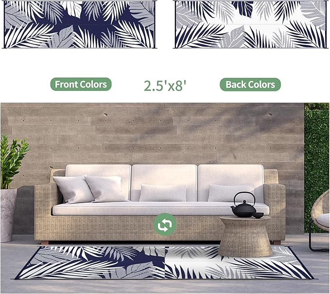 GENIMO Outdoor Rug 2.5' x 8' Waterproof for Patios Clearance, Reversible Outdoor Plastic Straw Camping Rug Carpet, Large Area Rugs Mats for RV, Camper, Deck, Balcony, Porch, Beach, Navy Blue&White-Ruum Studio Home