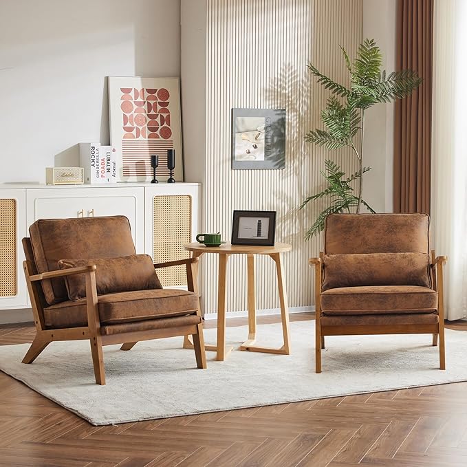 Karl home Accent Chair Wide Armrest Mid-Century Lounge Chair Bronzing Cloth Armchair with Lumbar Pillow & Solid Wood Frame for Living Room, Bedroom, Balcony, Brown-Ruum Studio Home