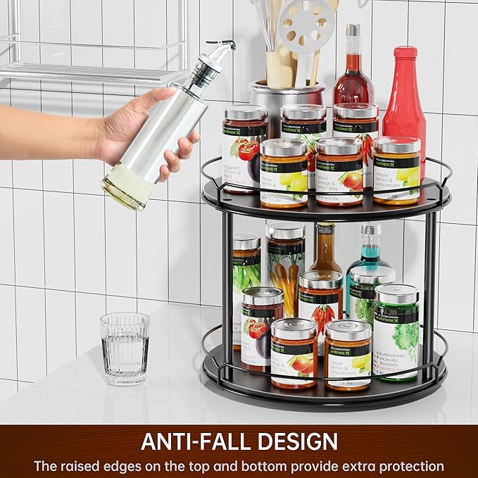 Lazy Susan Organizer 2 Tier - 12.4" Turntable Spice Rack for Table Top, Wooden Rotating Lazy Susan for Cabinet Pantry Kitchen Countertop Dining Table Cupboard Bathroom Vanity Storage(Black)-Ruum Studio Home