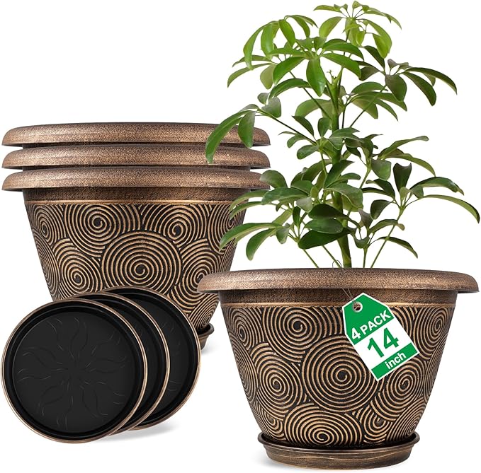 14 Inch Large Planter Pot for Plants Indoor Outdoor, 4 Pack Plastic Flower Pots with Drainage Hole & Tray, Modern Decorative Garden Pot with Saucer, Plant Container for House-Ruum Studio Home