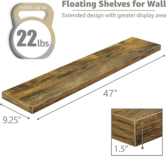 Sorbus Floating Shelves for Wall - 48 Inch Long Bathroom Shelves, Wall Decor for Bedroom, Kitchen, Living Room & Book Storage - Mounted Floating Shelf with Invisible Brackets (Rustic Brown, 3 Pack)-Ruum Studio Home