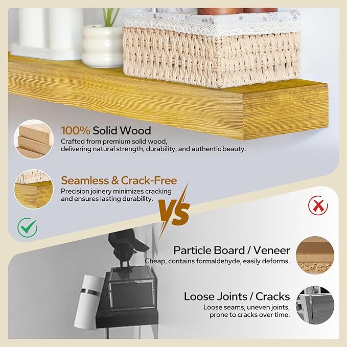 Floating Shelves 3 inch Thick for Wall Set of 2,Solid Pine Wood Wall Mount Shelf for Kitchen Living Room Bedroom Bathroom,8" D x 48" L x 3" H-Gold Oak-Ruum Studio Home