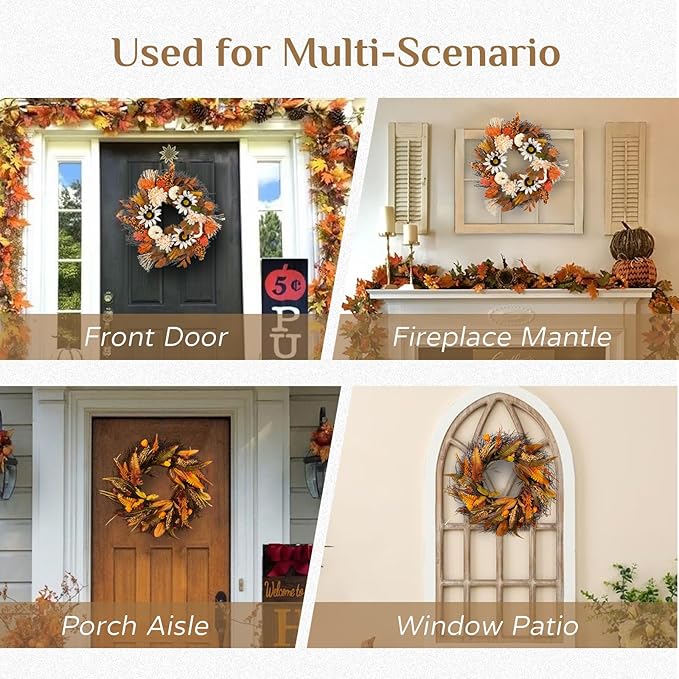 Fall Wreath for Thanksgiving Decorations 24inch - Walasis Large Wheat Wreaths for Front Door - Harvest Grain Gold Autumn Wall Decor for Indoor Outdoor-Ruum Studio Home