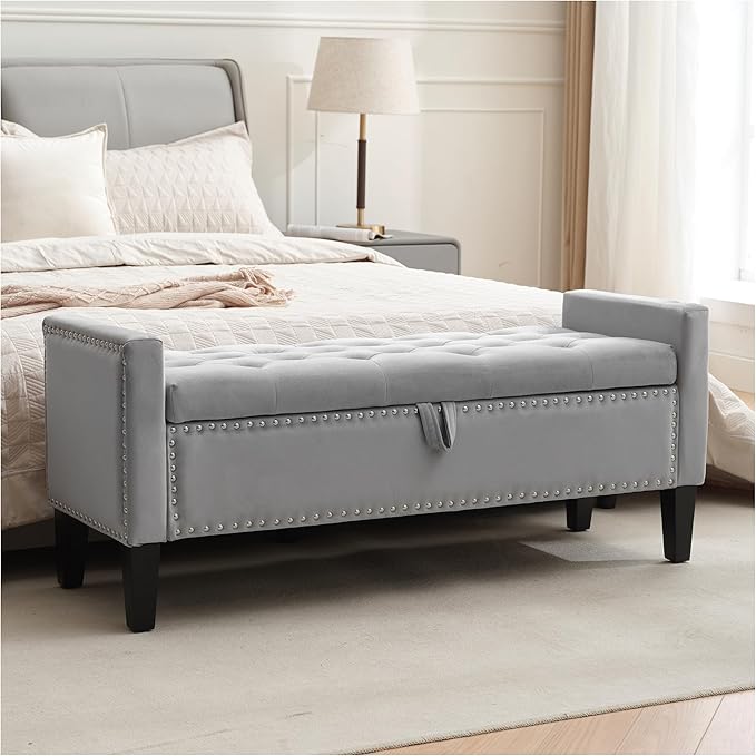 Storage Ottoman Bench, Velvet Upholstered Footstool for Bedroom and Living Room, Tufted Seat with Storage, Wooden Legs & Metal Rivets, Grey-Ruum Studio Home