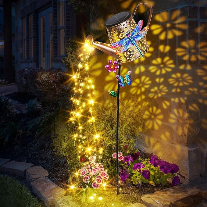 Solar Lights Outdoor Decorative, 39.4'' Metal Solar Watering Can Lights with Dragonfly, Waterproof Garden Stake Lights for Yard Lawn Patio Pathway Landscape, Gardening Gifts for Mom Grandma Women-Ruum Studio Home