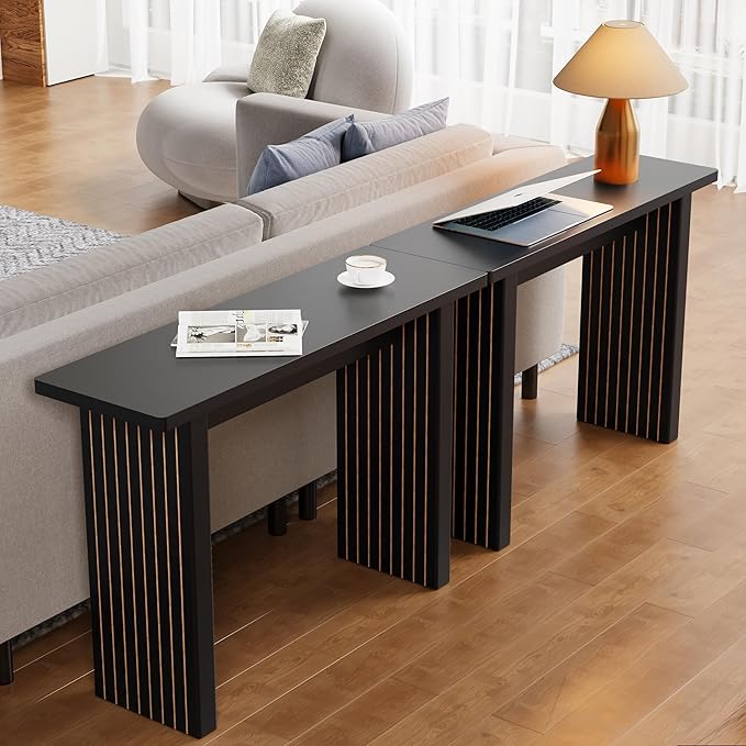 AVZEAR Mid Century Narrow Entryway Console Table, 43.3" Fluted Wood Couch Table Behind Sofa Long and Skinny for Living Room Hallway Entrance Foyer, Black-Ruum Studio Home