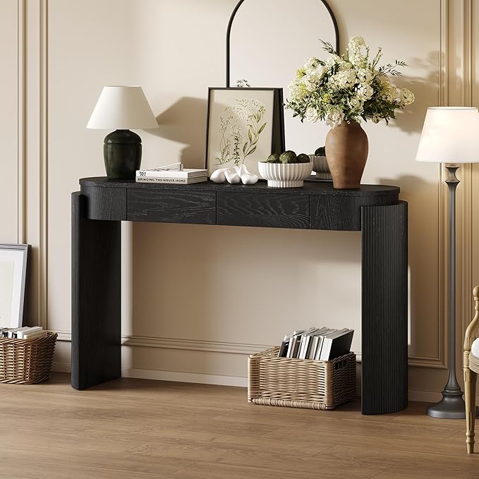 55" Sofa Table with Oval Top and 2 Drawers, Entryway Console Table with Fluted Design for Hallway,Foyer,Entry and Living Room (Fully Assembled-Black)-Ruum Studio Home