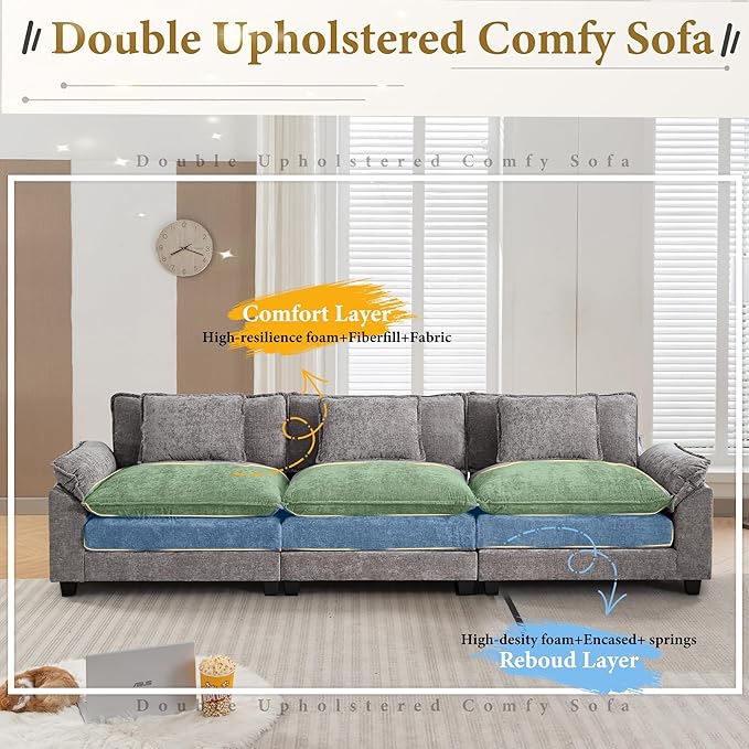 URRED Modular Sectional Sofa Comfy Cloud Couch, Modern Chenille Sofa Sleeper Deep Seat Couches with Ottoman/Pillows for Living Room (Gray, 117'')-Ruum Studio Home