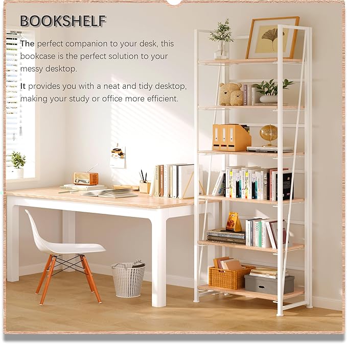 4NM No Assembly Foldable Bookshelf, 6-Shelf Collapsible Bookcase Storage for Small Spaces, 74" H, Natural White-Ruum Studio Home