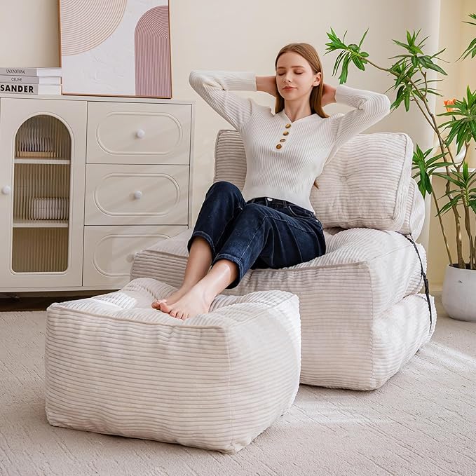 HIGOGOGO Square Stuffed Pouf Ottoman, Corduroy Poufs with Foam Chunk Filling, Furry and Fluffy Pouf Foot Stool Storage Ottoman, 25.6 X 25.6 Floor Poufs Foot Rest for Living Room, Beige-Ruum Studio Home