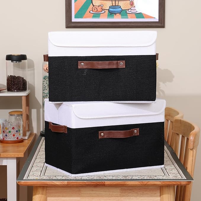 ANMINY 2PCS Storage Boxes with Lid Washable Decorative Storage Bins Basket with PU Leather Handle Foldable Linen Fabric Storage Cubes Containers for Home Closet Organizer - Black White, Large Size-Ruum Studio Home