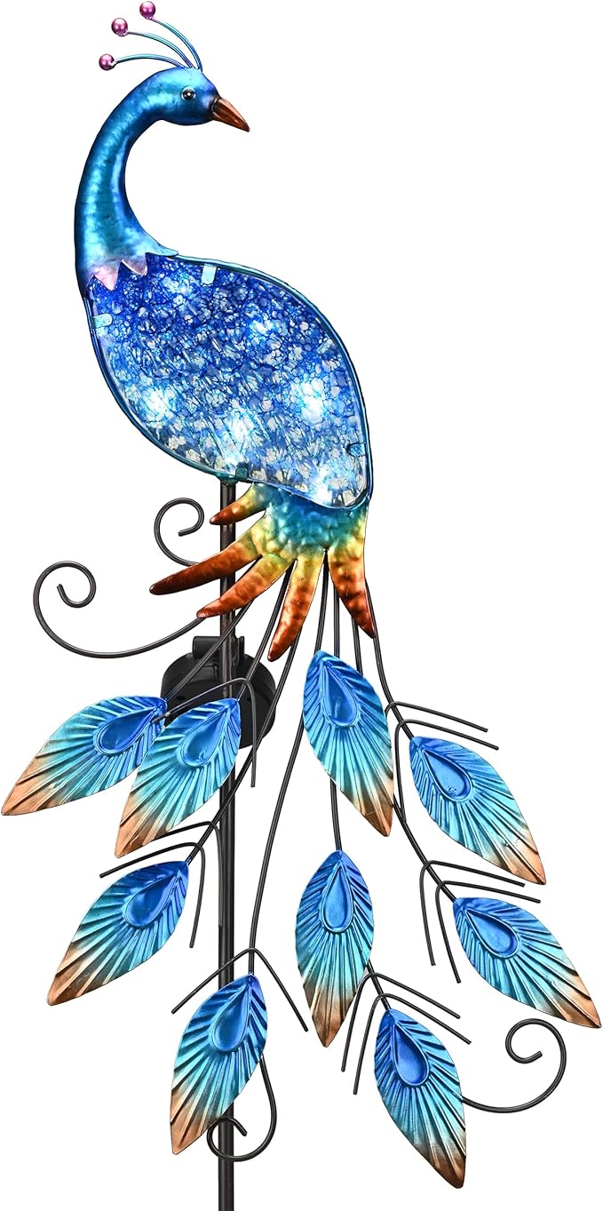 TERESA'S COLLECTIONS Garden Decor Blue Peacock with Solar Outdoor Lights, 40" Glass Yard Art for Outside, Decorative Metal Stake Outdoor Decor for Lawn Decorations, Patio, Gifts for Mom-Ruum Studio Home