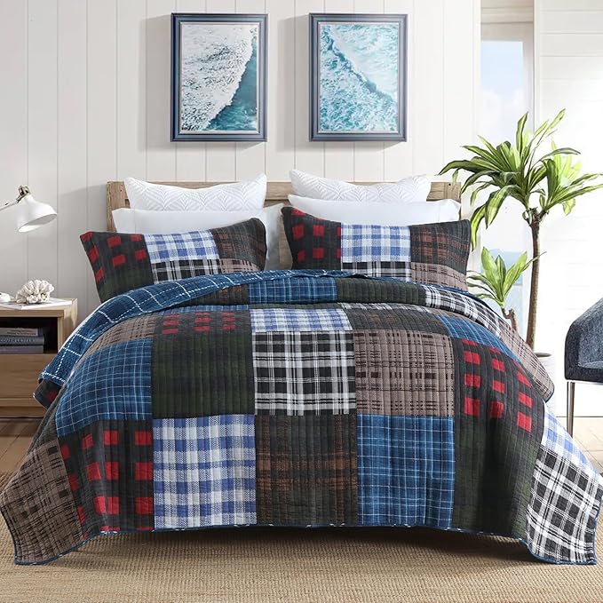 NEWLAKE Quilt Set King Size, Cotton Patchwork Blue Black Checkered Patterns Quilt Sets, Reversible Bedspread Lightweight and Breathable for All Seasons, Soft Quilted Bedspread with 2 Pillow Shams-Ruum Studio Home