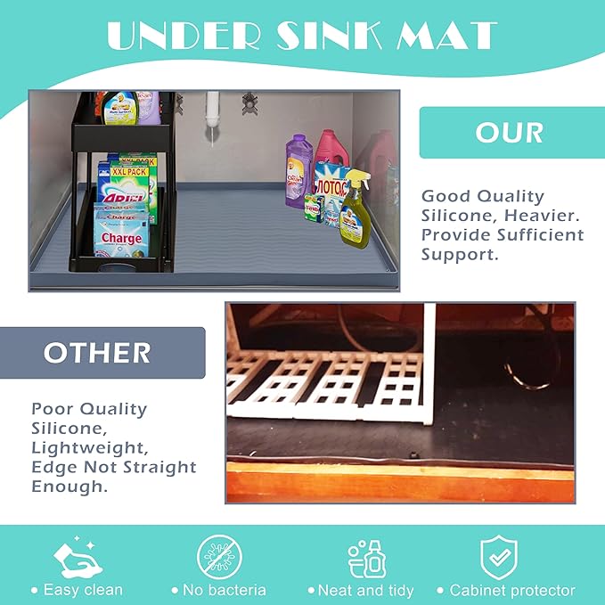 URMONA Waterproof Silicone Under Sink Mat 28'' x 22'' Shelf Liner for Kitchen and Bathroom, Cabinet and Counter Protector, Storage and Organizers, Litter Mat, Pet Cat Puppy Essentials(Dark Grey)-Ruum Studio Home