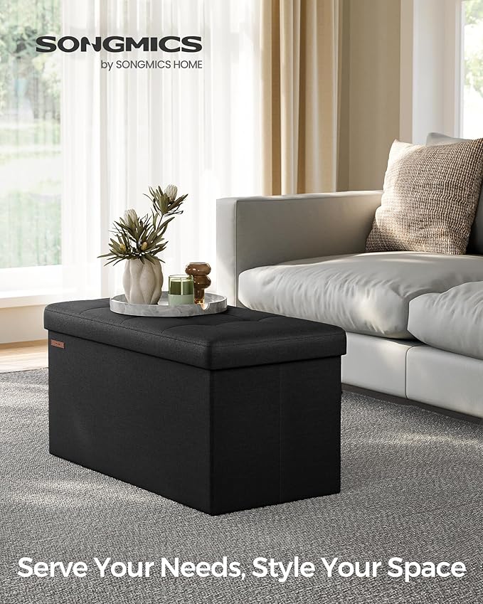 SONGMICS Mazie Collection - 30 Inches Folding Storage Ottoman Bench, Ottoman Foot Rest, End of Bed Bench, Storage Chest, Load 660 lb, for Living Room, Bedroom, Entryway, Ink Black ULSF047B01-Ruum Studio Home