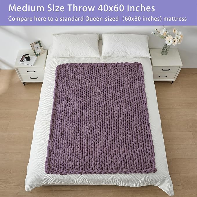 Bigacogo Chunky Knit Throw Blanket for Couch, 40x60 inches, 100% Hand Knitted with Thick Jumbo Chenille Yarn, Cozy Soft Large Rope Knot Cable Crochet Blankets for Sofa Bed Living Room, Winter Grape-Ruum Studio Home