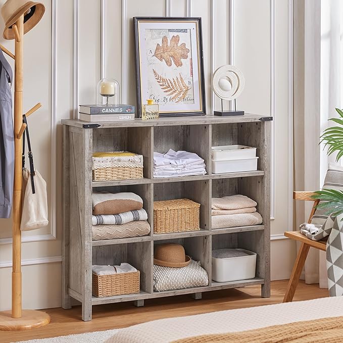 9 Cube Bookcase, Farmhouse 47 Inch Wide Grey Oak Bookshelf, Wooden 3 Tier Display Large Open Book Shelf, Vintage Horizontal Book Case for Home Office, Cubby Storage Cabinet for Living Room-Ruum Studio Home