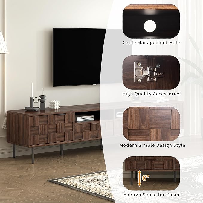 Modern TV Stand for TVs up to 85", Mid-Century Media Console with Checkered Cabinet Doors, Storage Drawers & Open Shelves, Wood Entertainment Center with Metal Legs-Ruum Studio Home